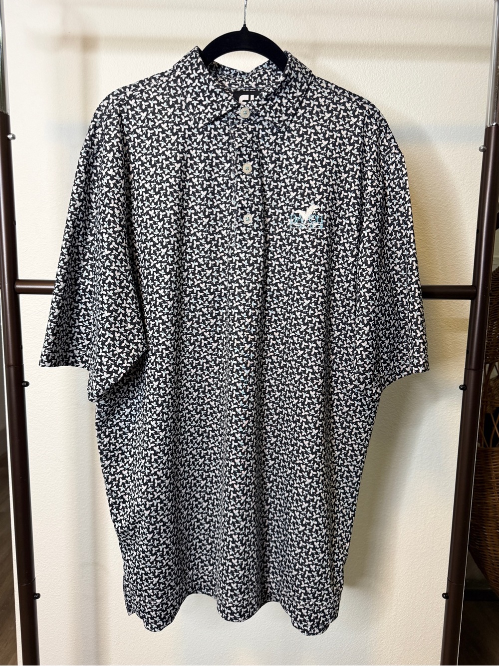 FootJoy FJ Bayou Golf Club Polo Men’s M Black White Aqua Floral Golf Shirt
